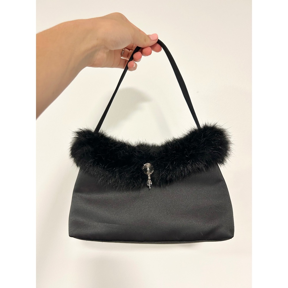 Valerie Stevens Black Satin Evening Bag PURSE Faux Fur Trim Rhinestone Glam